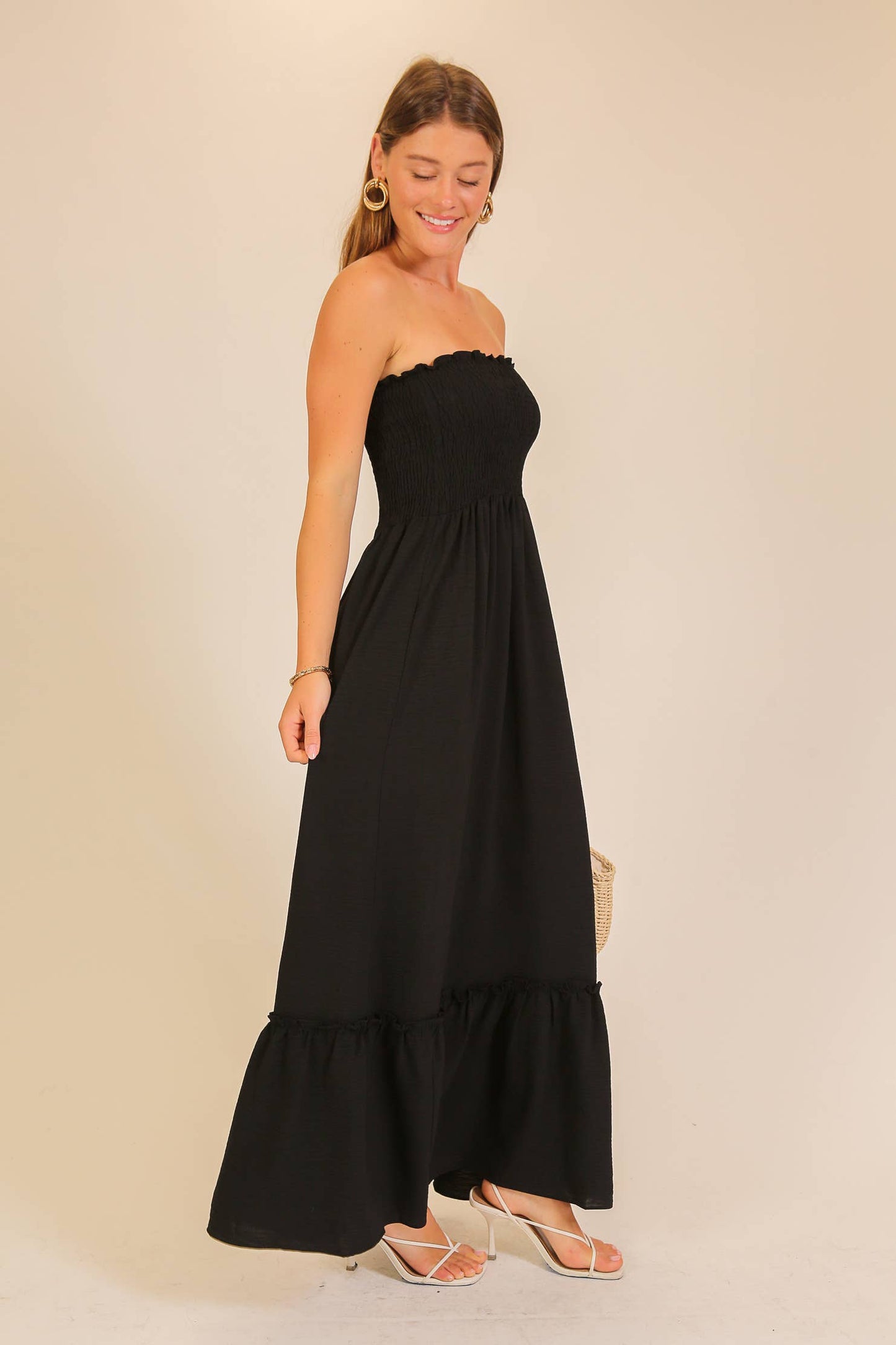 Strapless Boho Smocked Red Maxi Dress