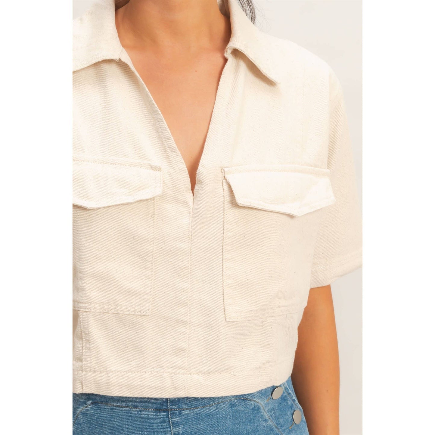 Collared V-Neck Top Oatmeal