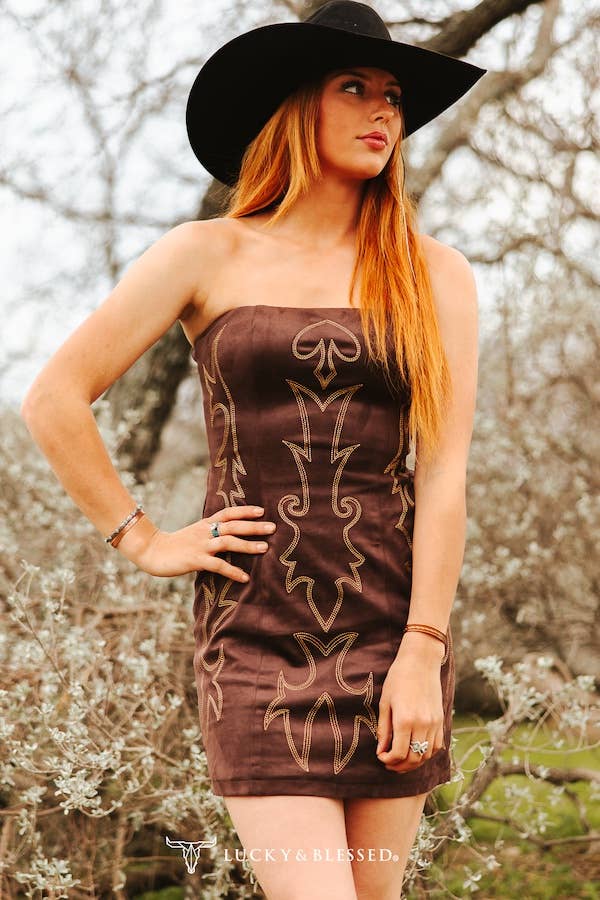 Brown Stretch Suede Embroidered BootStitch Tie Up Back Dress