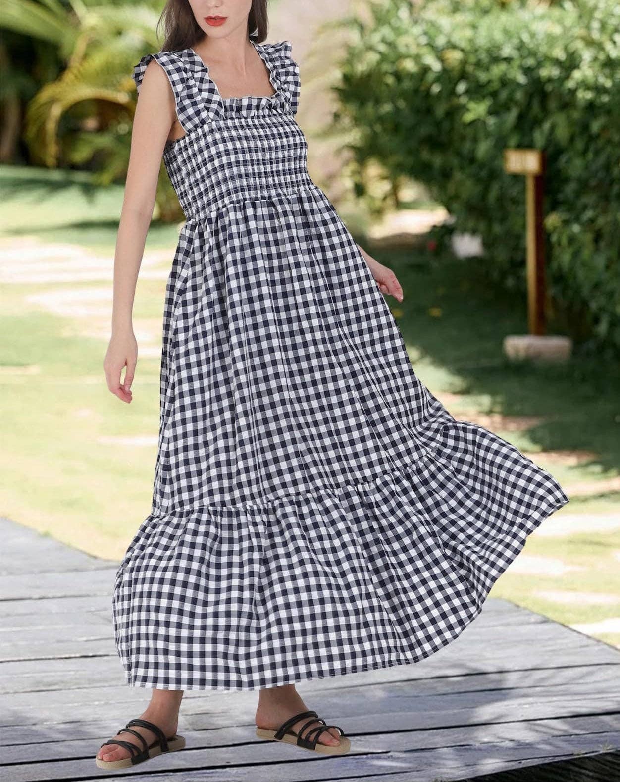 Gingham Check Smocked Maxi Dress
