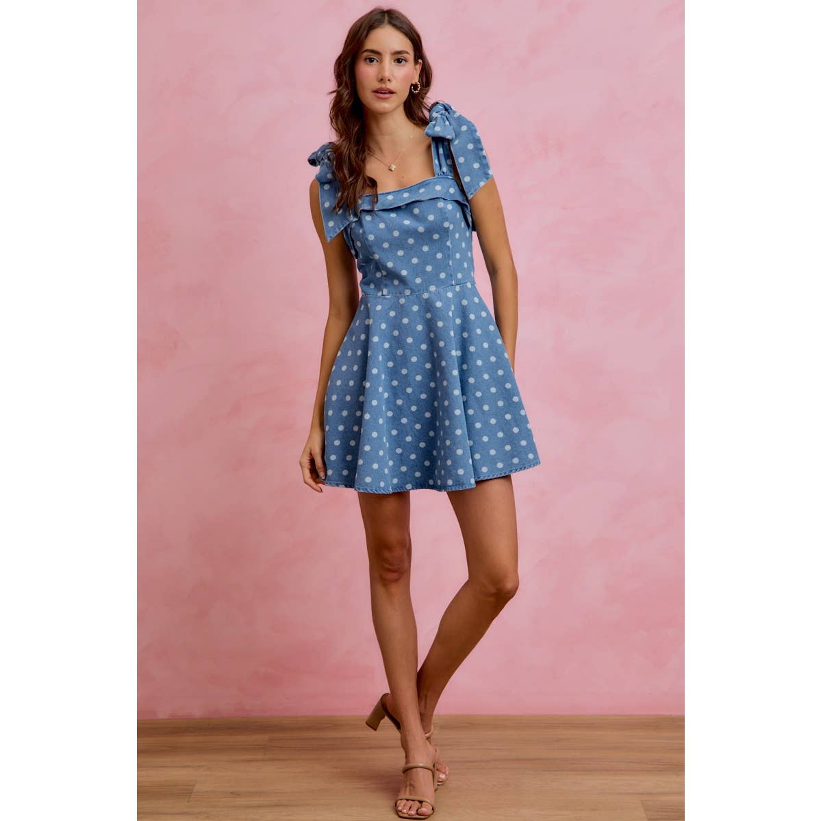Polka Dot Denim Shoulder Tie Dress