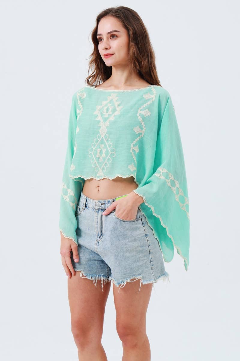 Boho Embroidered Cropped Kaftan Top One Size