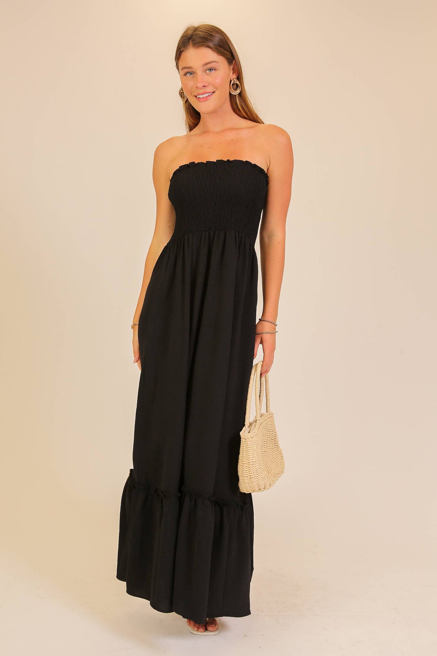 Strapless Boho Smocked Red Maxi Dress