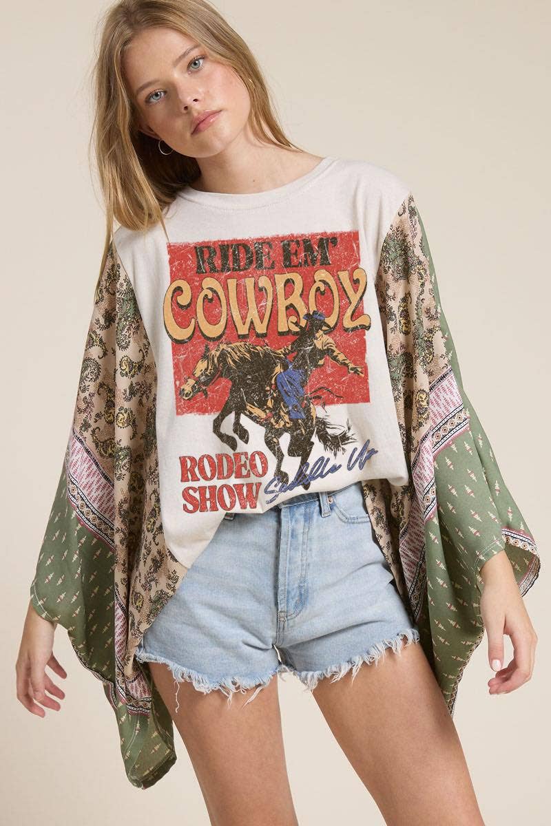 Ride Em' Cowboys Western Graphic Sheer Sleeves Kaftan Top