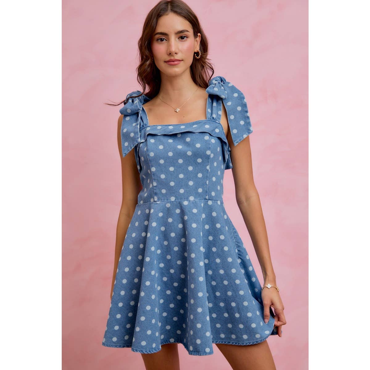 Polka Dot Denim Shoulder Tie Dress