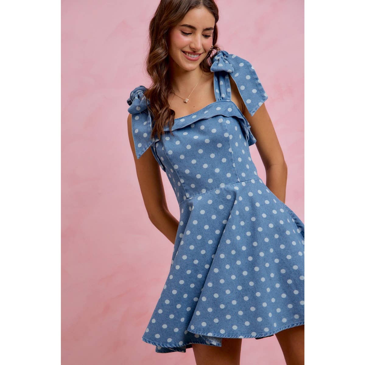 Polka Dot Denim Shoulder Tie Dress