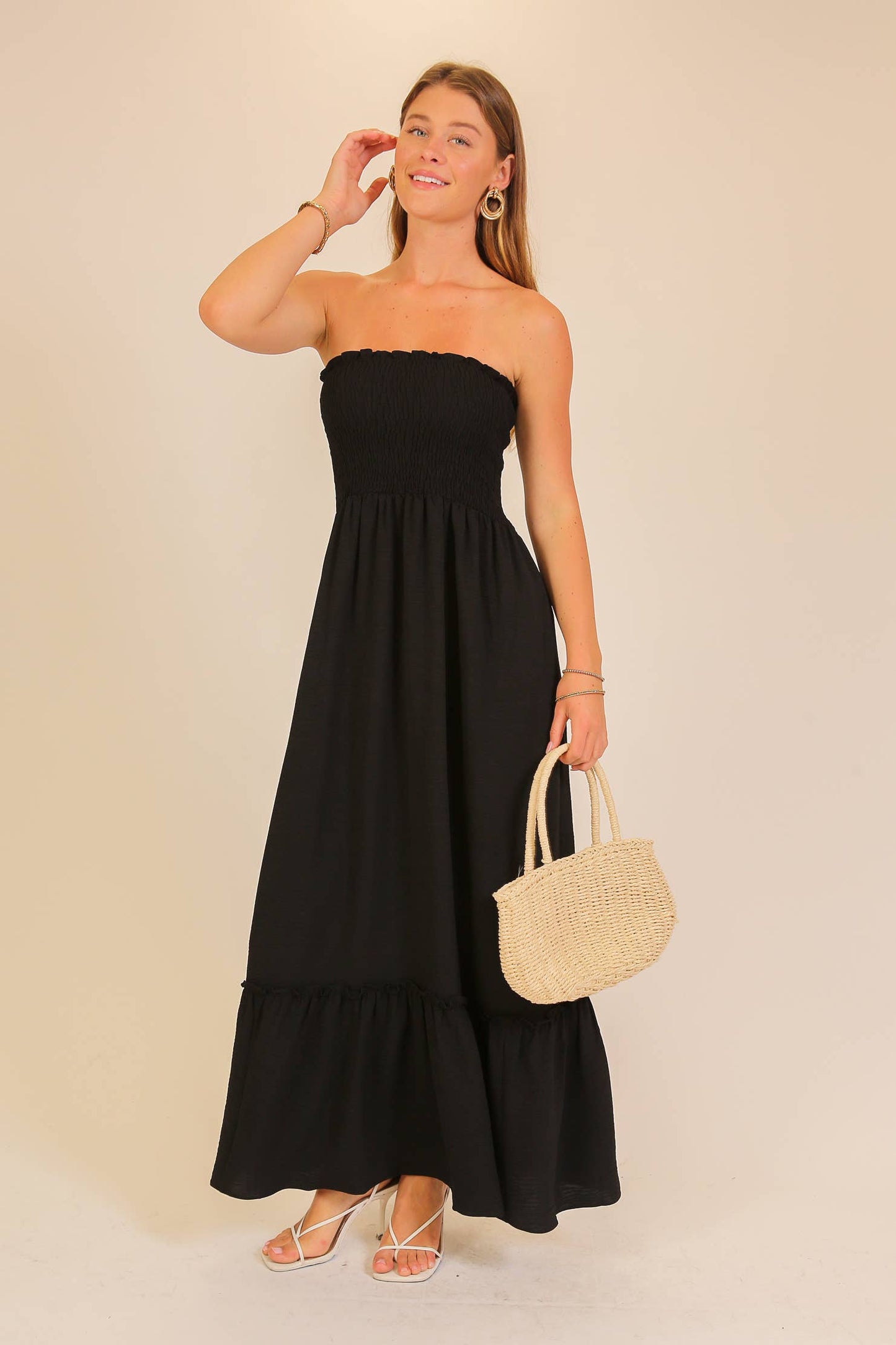 Strapless Boho Smocked Red Maxi Dress