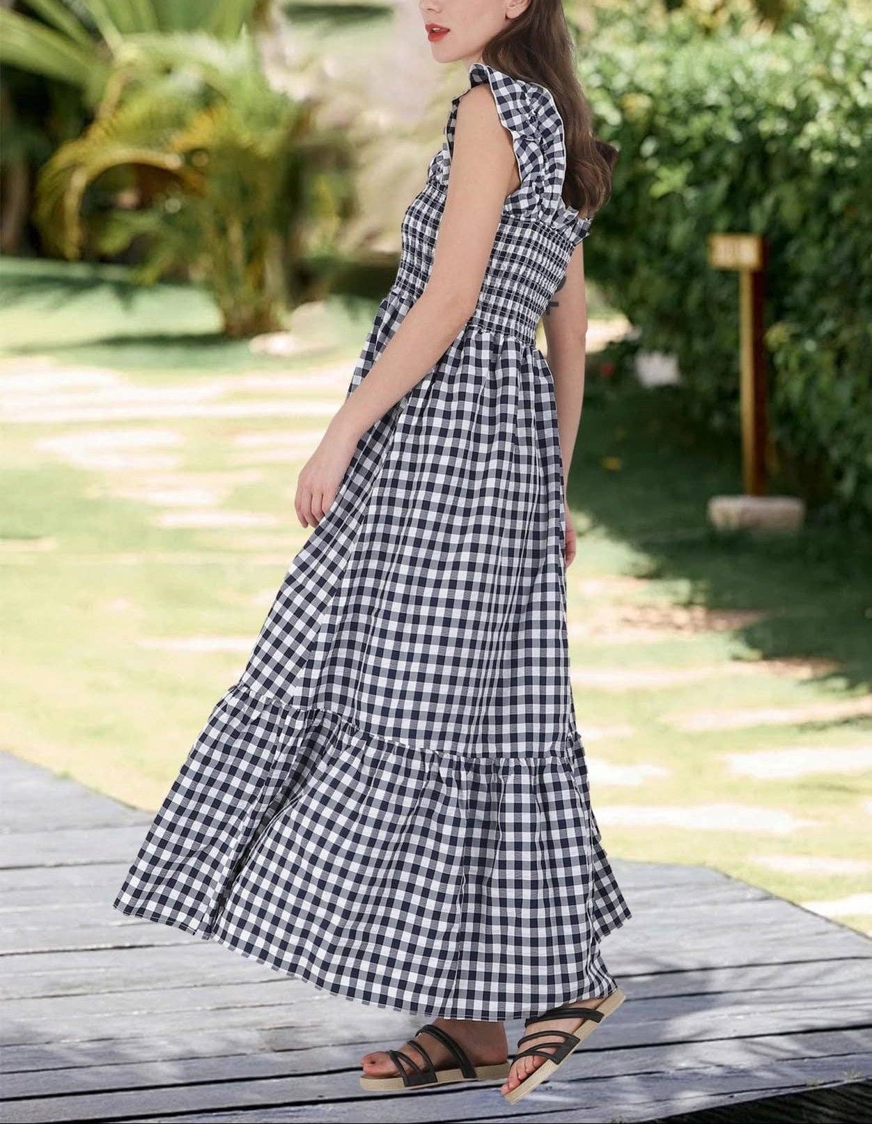 Gingham Check Smocked Maxi Dress