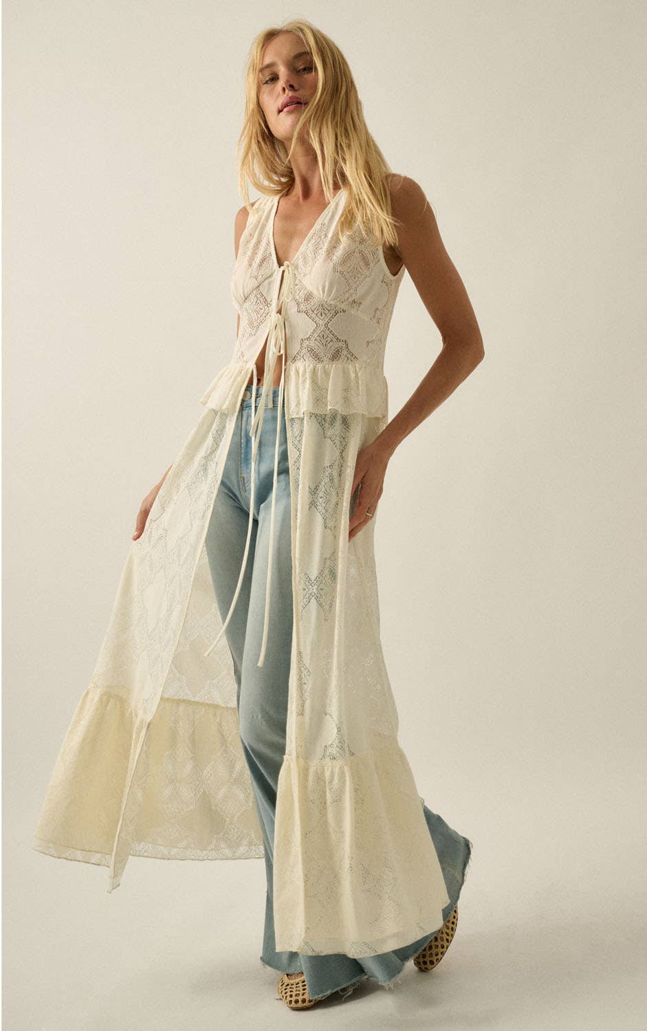 Floral Lace Tie Maxi Cream Top