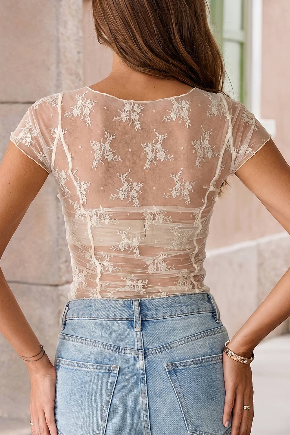 Exposed Seam Ruched Sheer Floral Mesh Top
