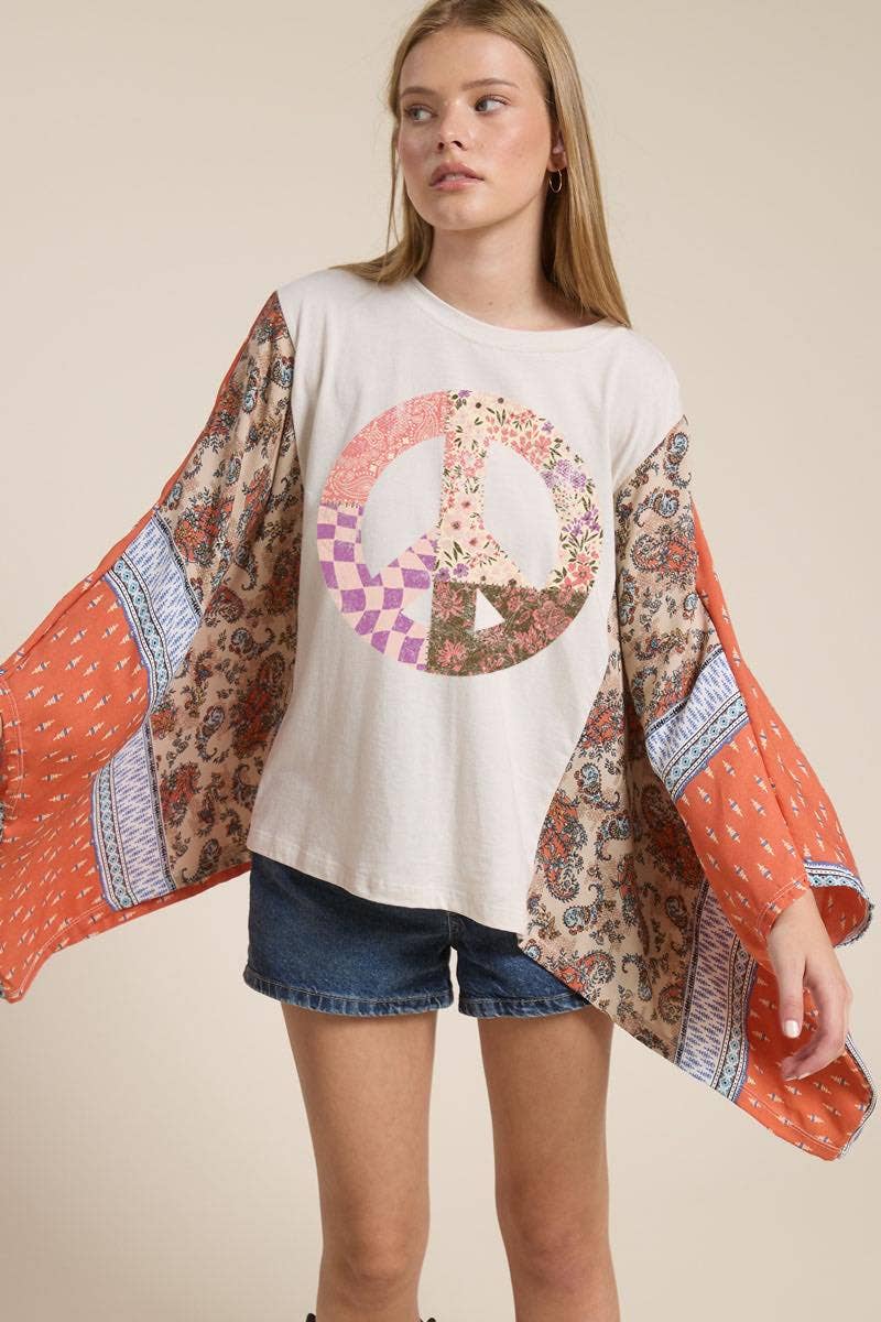 Boho Peace Floral Vintage Graphic Sheer Sleeves Kaftan Top