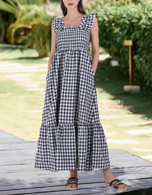 Gingham Check Smocked Maxi Dress