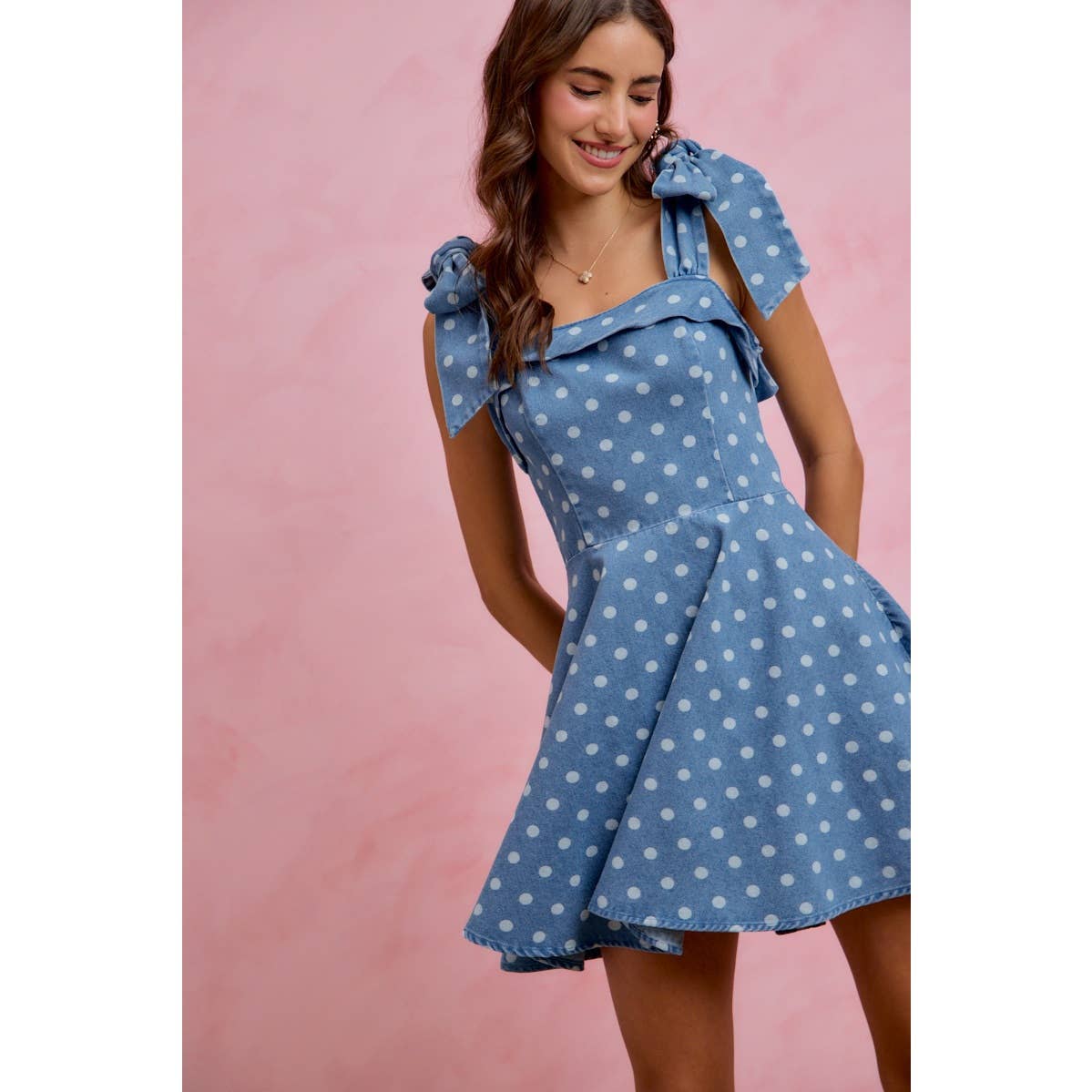 Polka Dot Denim Shoulder Tie Dress