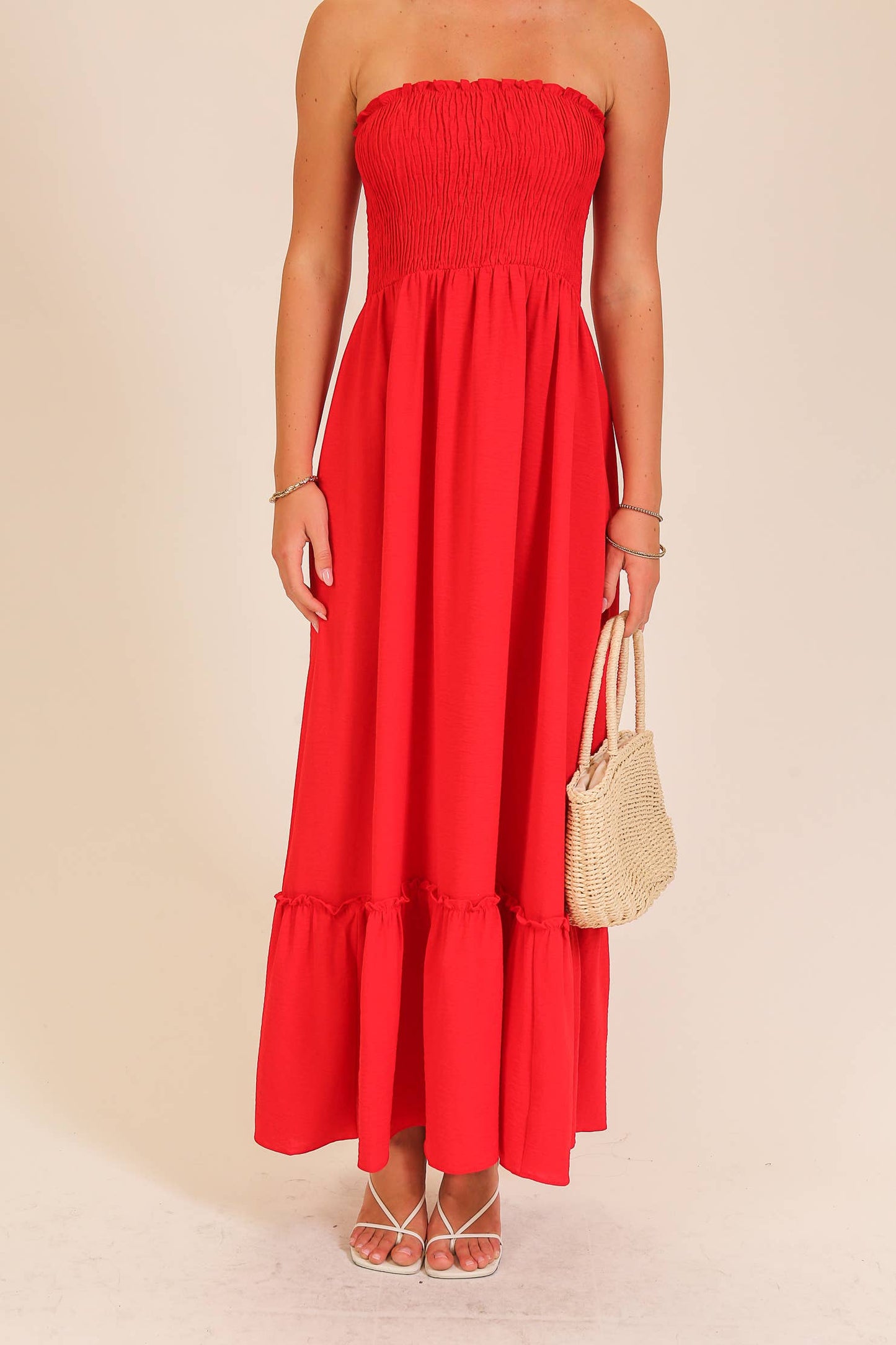 Strapless Boho Smocked Red Maxi Dress