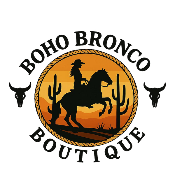 Logo of Boho Bronco Boutique with a silhouette of a person on a horse, cacti, and bull heads.